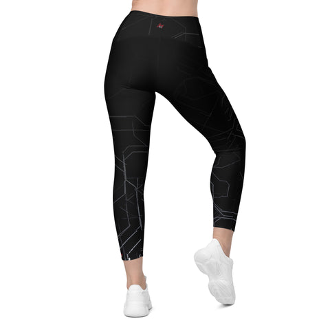 "Sleek Black Leggings with Labyrinth Line Detail and Pocket"