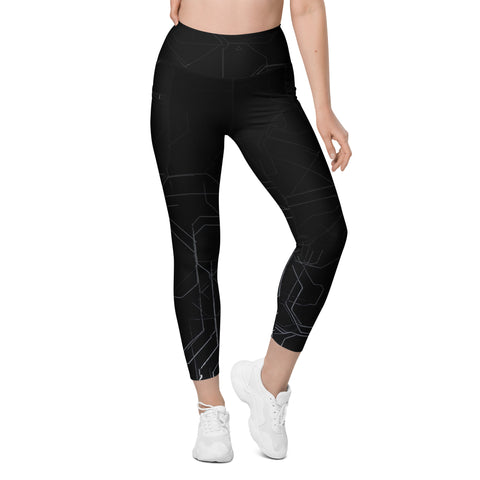 "Sleek Black Leggings with Labyrinth Line Detail and Pocket"