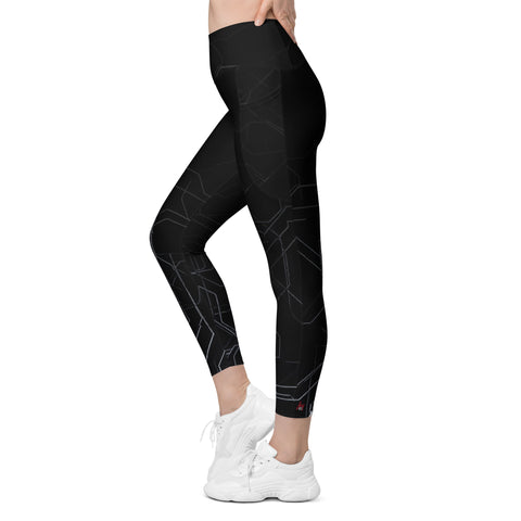 "Sleek Black Leggings with Labyrinth Line Detail and Pocket"