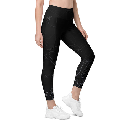 "Sleek Black Leggings with Labyrinth Line Detail and Pocket"