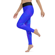 "Linear Blues: Experience Dynamic Style with Striped Blue Leggings"